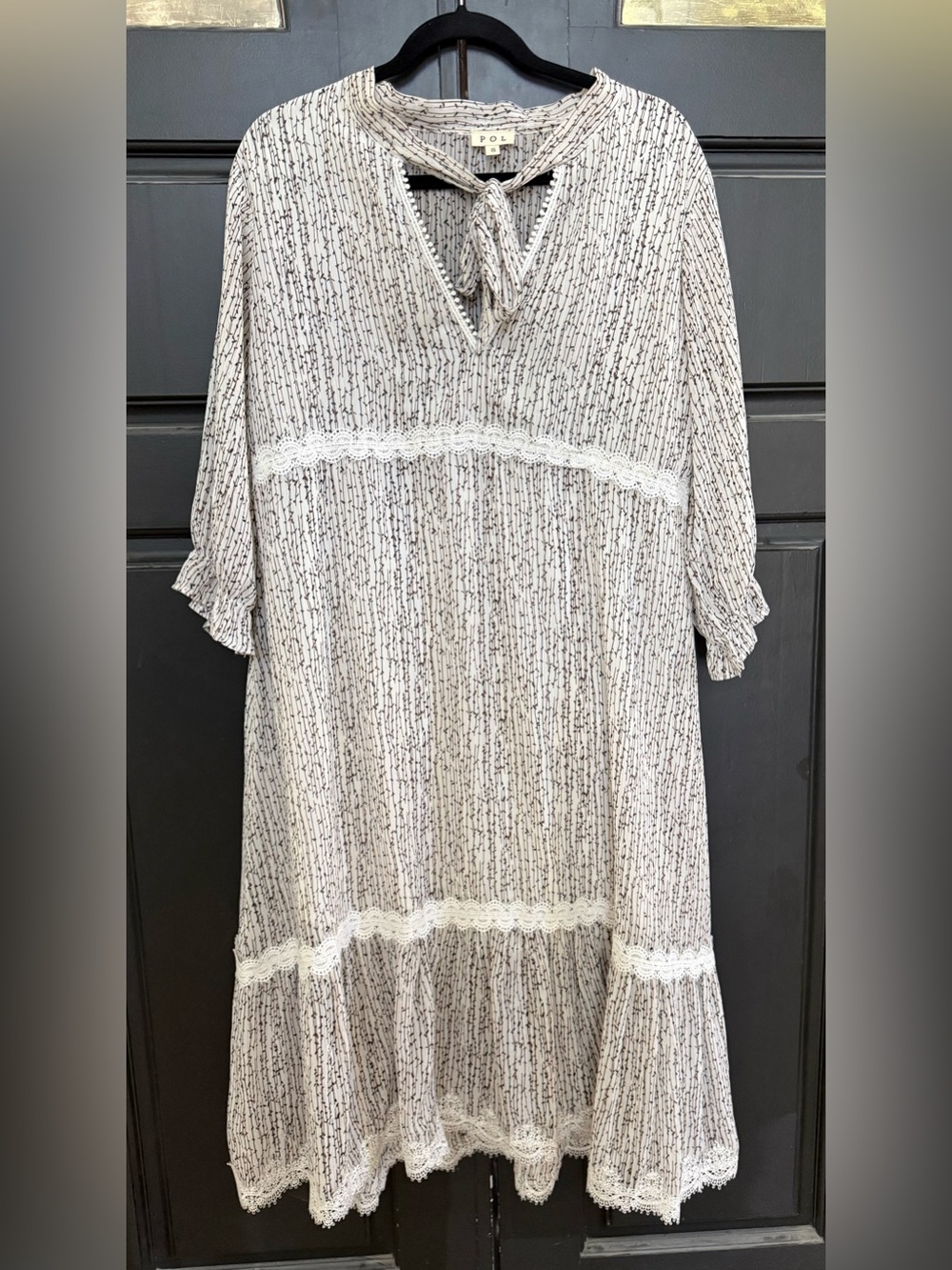 POL Boho Lace Trim Tie Neck Tiered Dress S Cottagecore